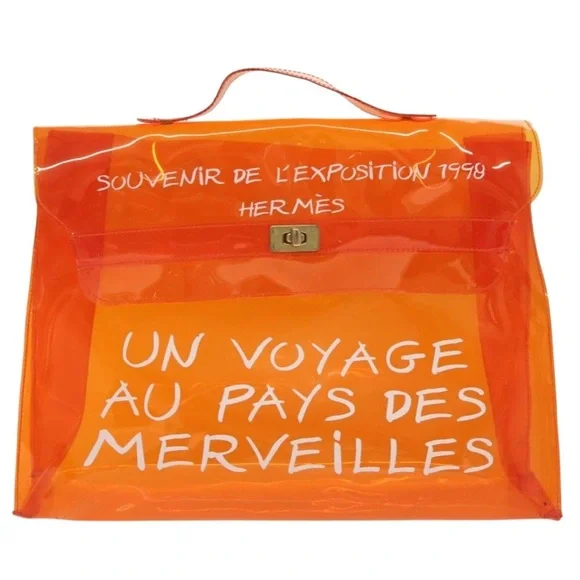 HERMES Vinyl Kelly Hand Bag Vinyl Orange and Hermes scarf tie guide booklet - Picture 5 of 11